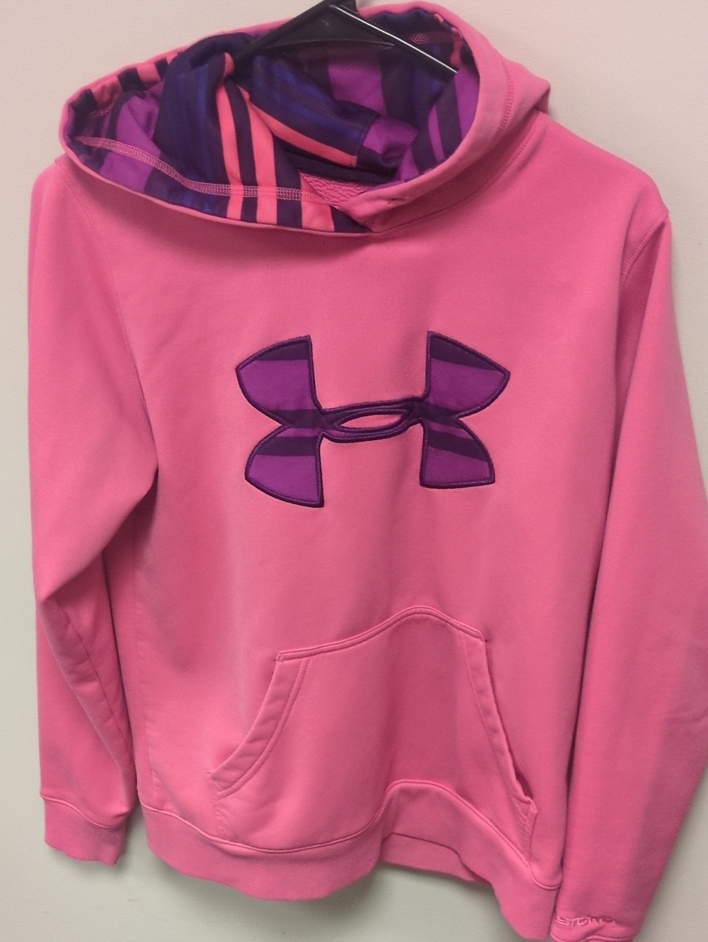 Under Armour Pink Hoodie with Purple Logo and Striped Hood Lining